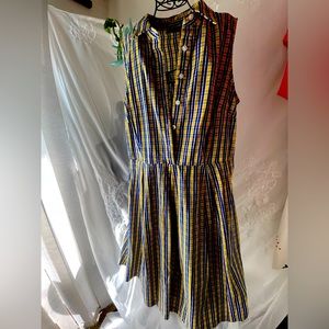 “NINE WEST” 100% COTTON..YELLOW/NAVY PLAID SHIRTDRESS..BUTTON TOP/PLEATED SKIRT